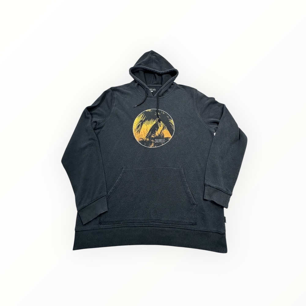 Caliville Mens Palm‎ Tree Graphic Hoodie Black Fleece Pullover Sweatshirt L